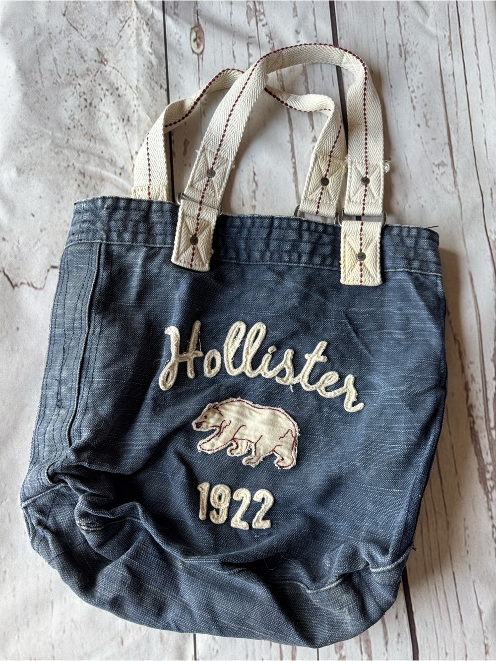 Y2K era vintage Hollister Navy Canvas Tote w Cream Handles and Embroidered Bear